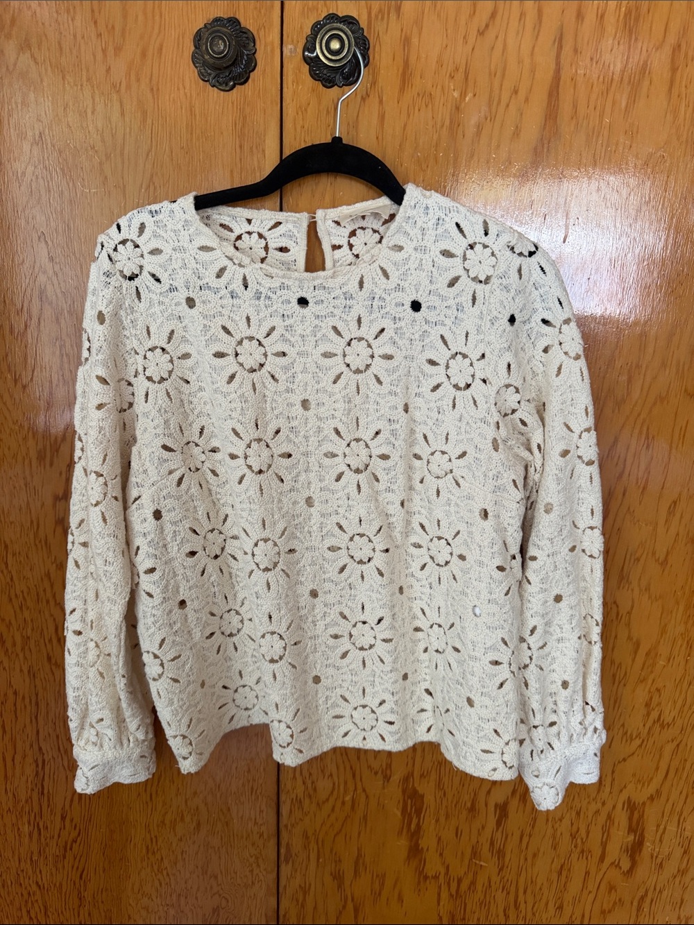 Sezane Cream Crochet Floral Long-Sleeve Top
